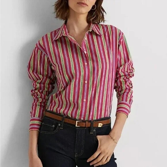 Ralph Lauren Black Label Multi Striped Button Down Top Cotton Shirt Size 6 - Picture 1 of 10